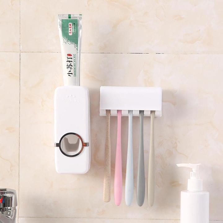 Toothpaste Dispenser & Brush Holder - Plastic Automatic Toothpaste Dispenser With Tooth Brush Holder For Homes And Bathrooms - Tooth Paste Dispenser with Toothbrush Holder