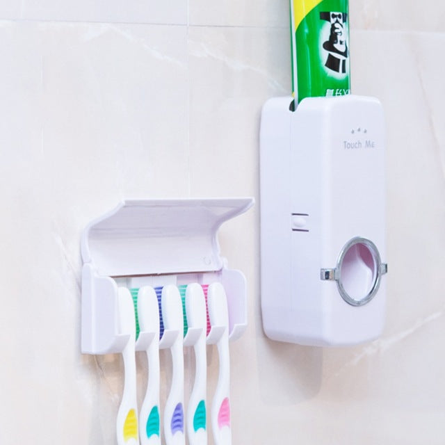 Toothpaste Dispenser & Brush Holder - Plastic Automatic Toothpaste Dispenser With Tooth Brush Holder For Homes And Bathrooms - Tooth Paste Dispenser with Toothbrush Holder