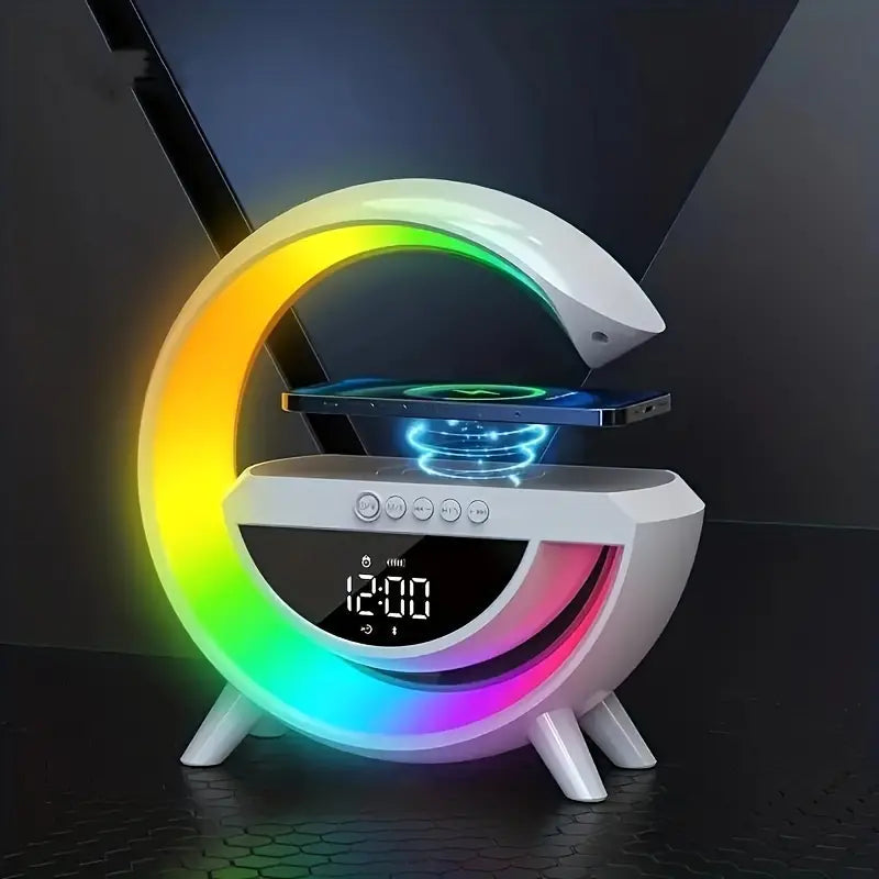 G Shape Atmosphere 4 in 1 Multifunctinol Bluetooth Speaker Desk Table Lamp with Wireless Charger LED Light | FM Radio | 7 Light Color Modes | Bluetooth Music |15W Fast Charging and AUX
