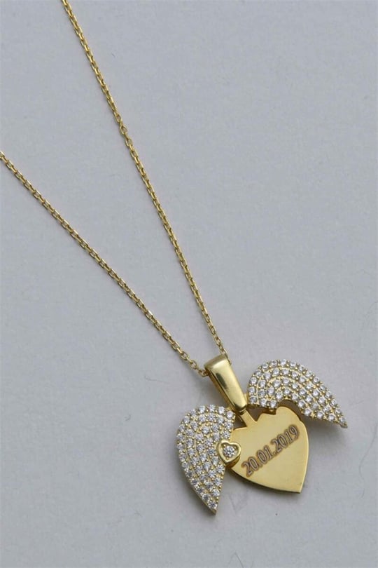 Personalized Angel Wing Heart Locket Necklace - Custom Engraved