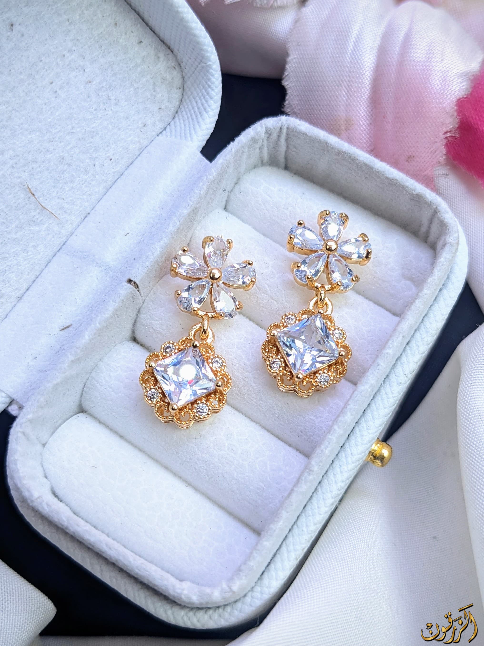 Exquisite Zircon Flower Drop Earrings - Gold Plated, Multiple Colors