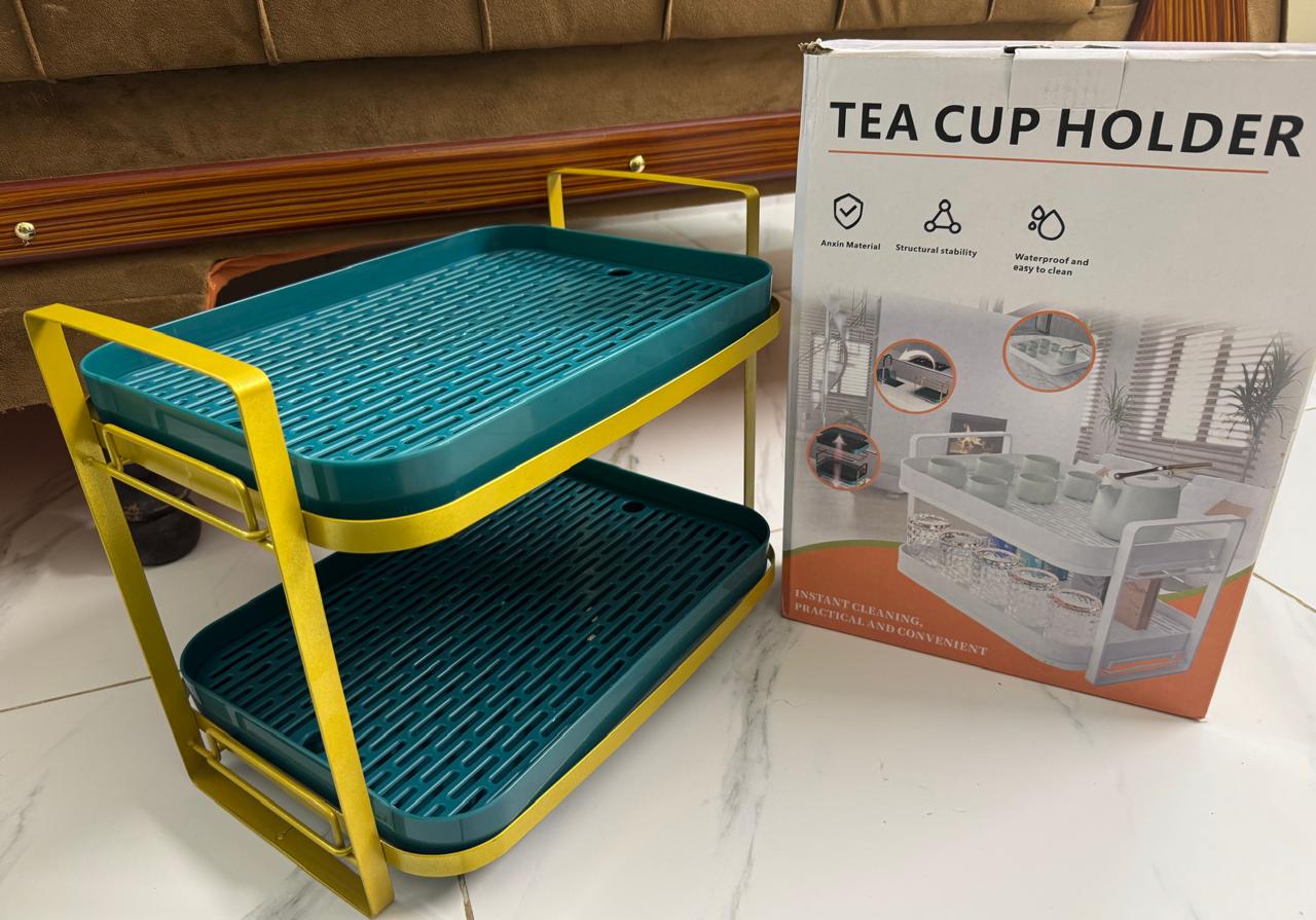 Premium 2-Tier Tea Cup Holder with Drainage Trays - Space-Saving Design
