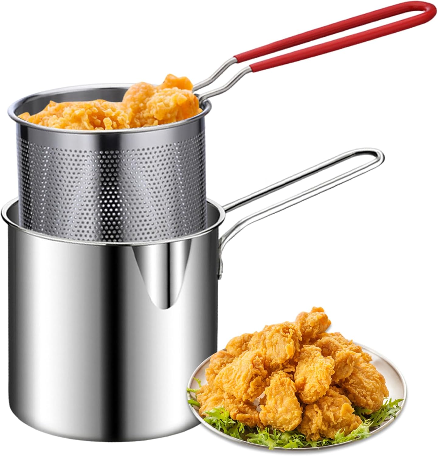 1pc Stainless Steel Deep Fryer Pot with Strainer Basket - 1.2L Mini Fryer for Tempura, Chips, Fries, Fish, Chicken - Anti-Scalding Silicone Handle - Ideal for Home, Parties, BBQs Household Small Frying Pan, Small Frying with Filter