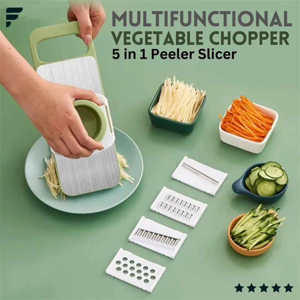 5-in-1 Multifunctional High-Quality Vegetable & Fruit Slicer with Five Changeable Blades Hand Protector Made Slicing Effortless Kitchen Gadget Manual Vegetable Slicer Cutter Potato Shredders Garlic Carrot Grater Chopper Salad Cutter - Simple and Easy Use