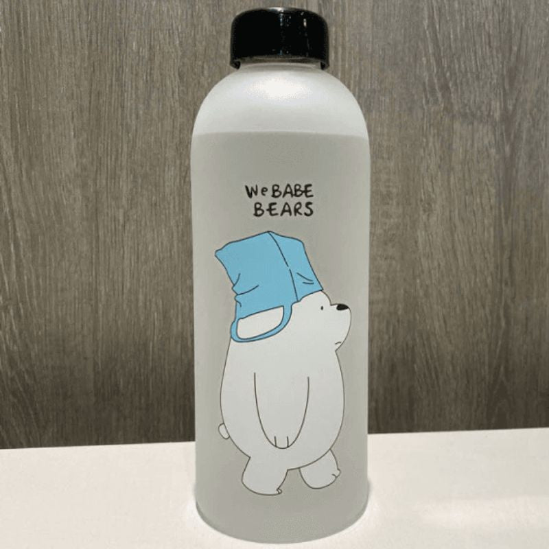 "We Bare Bear" Frosted Glass Water Bottle With Straw