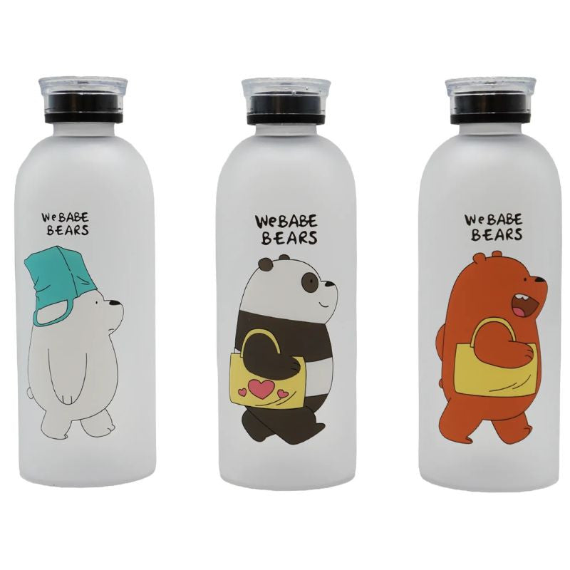 "We Bare Bear" Frosted Glass Water Bottle With Straw