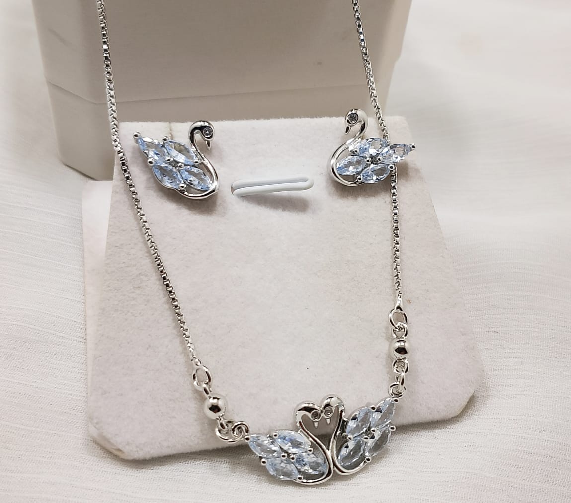 Elegant Silver Chain Swan Necklace & Earrings Set - Choose Your Gem Color