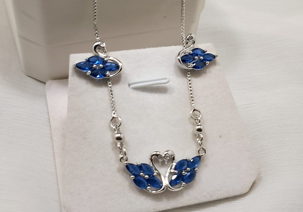 Elegant Silver Chain Swan Necklace & Earrings Set - Choose Your Gem Color