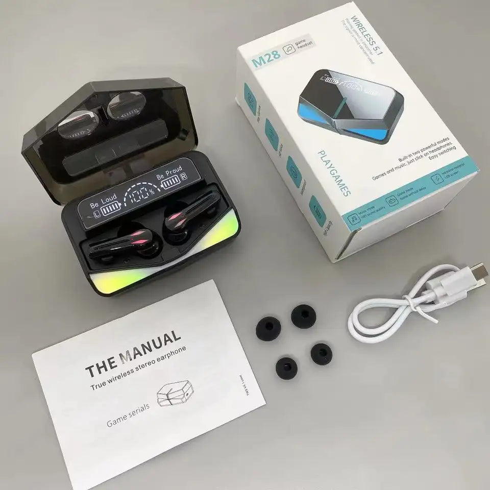 M28 Gaming Wireless Earbuds with RGB Lights & Digital LED Display